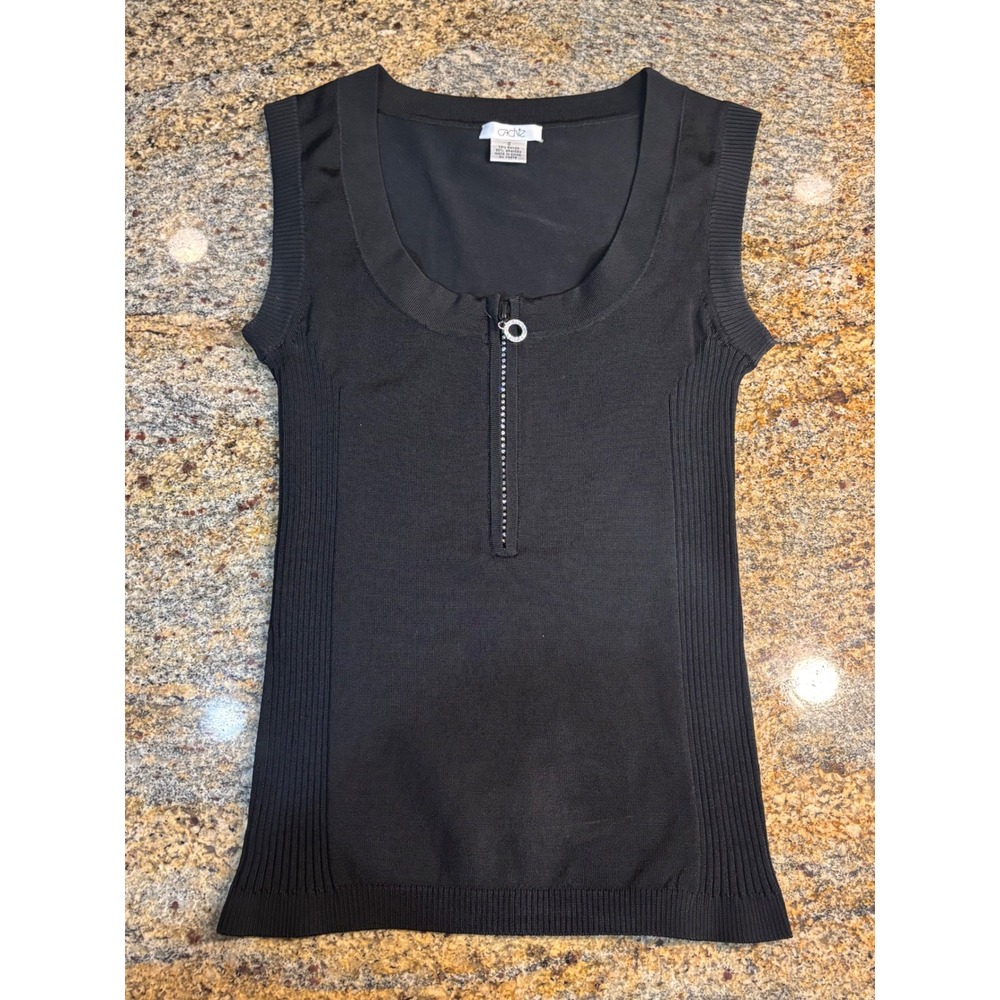 Y2K Cache Sleeveless Black Knit Top S Rhinestone‎ Detail Scoop Neck Fitted 2000s